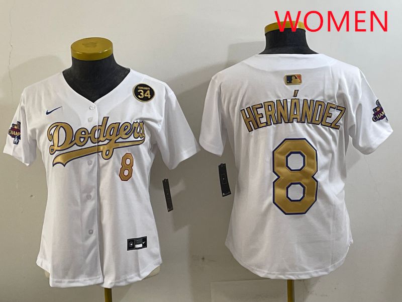 Women Los Angeles Dodgers #8 Hernandez White Gold Game Nike 2025 MLB Jersey style 4292